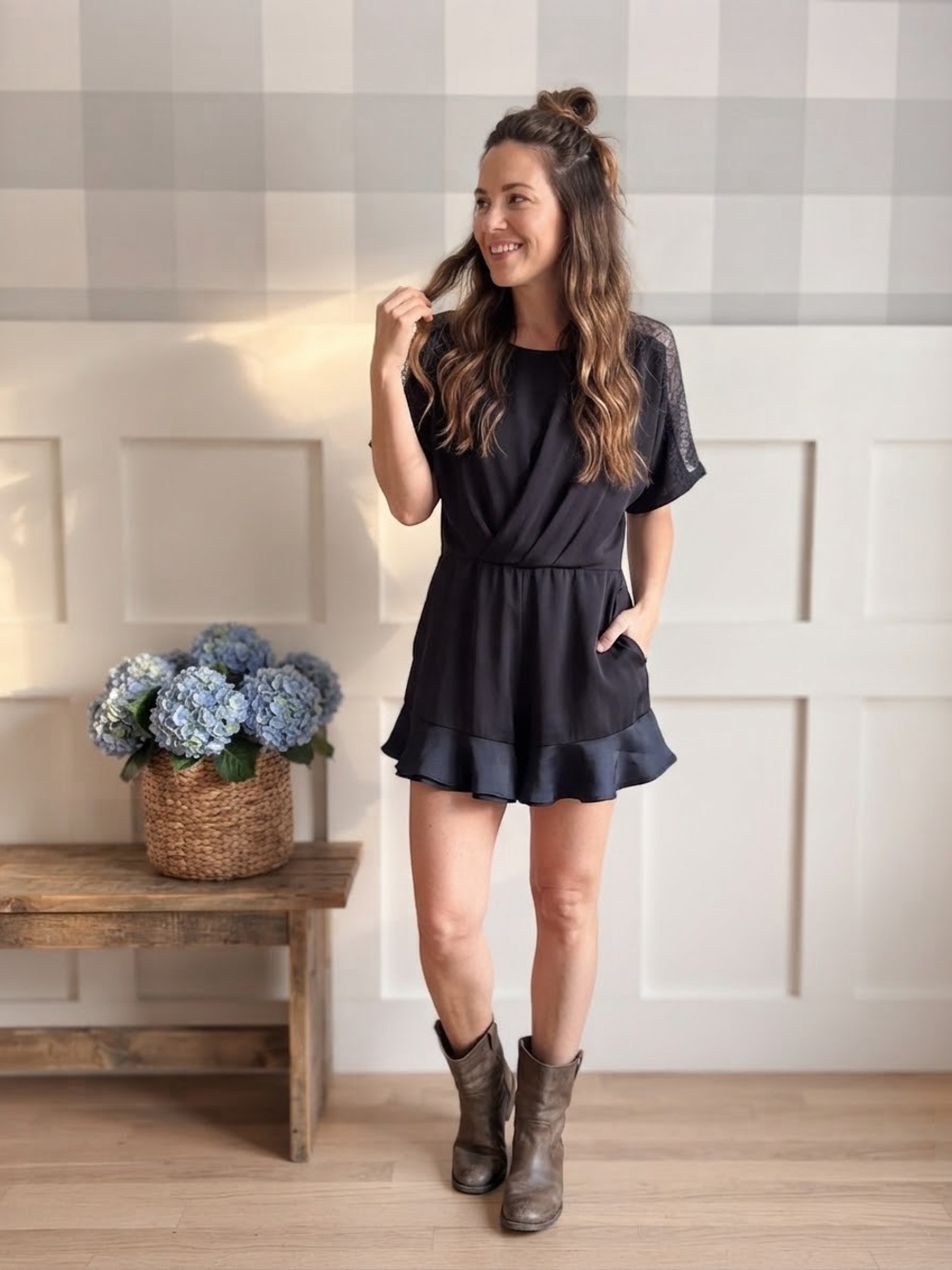 Zara Black Short Sleeve Ruffle-Hem Romper Small
